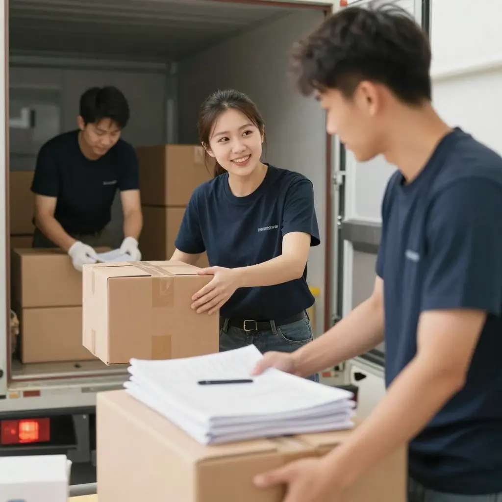 Professional moving team preparing packing materials