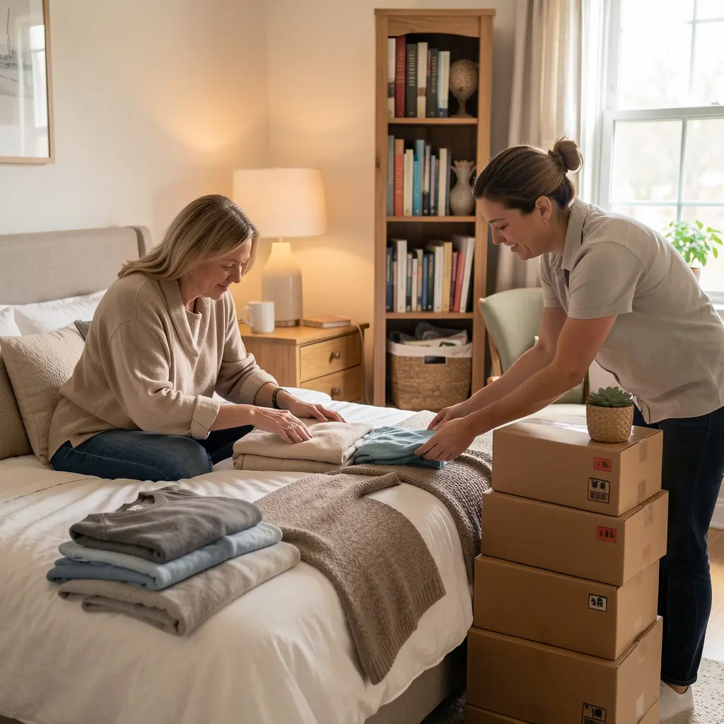 Professional team organizing belongings in home